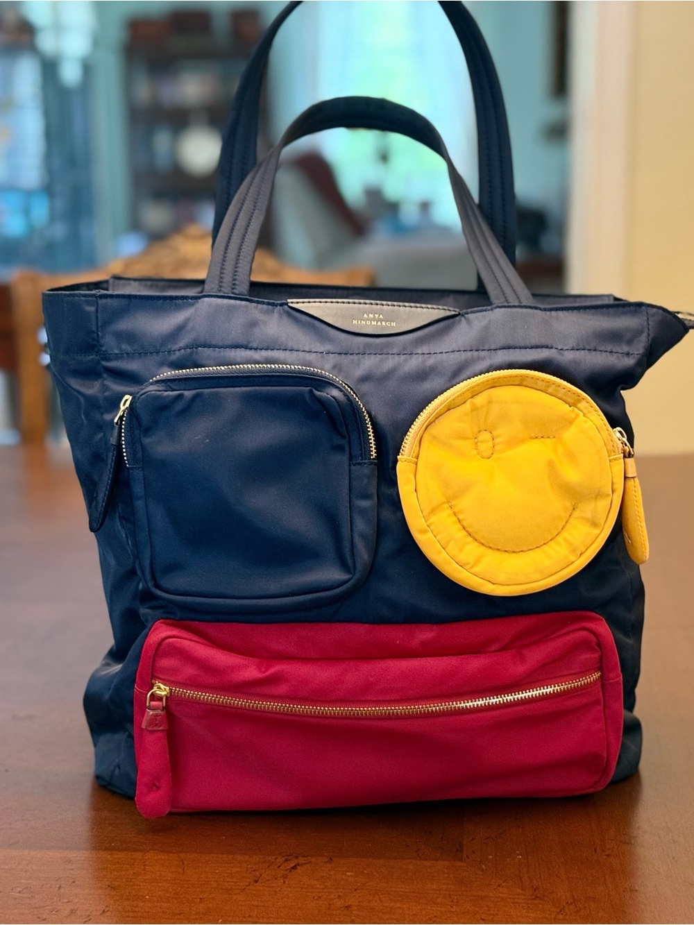 Navy Multi-Pocket Tote with Yellow Round Pocket and Red Zip Pouch
